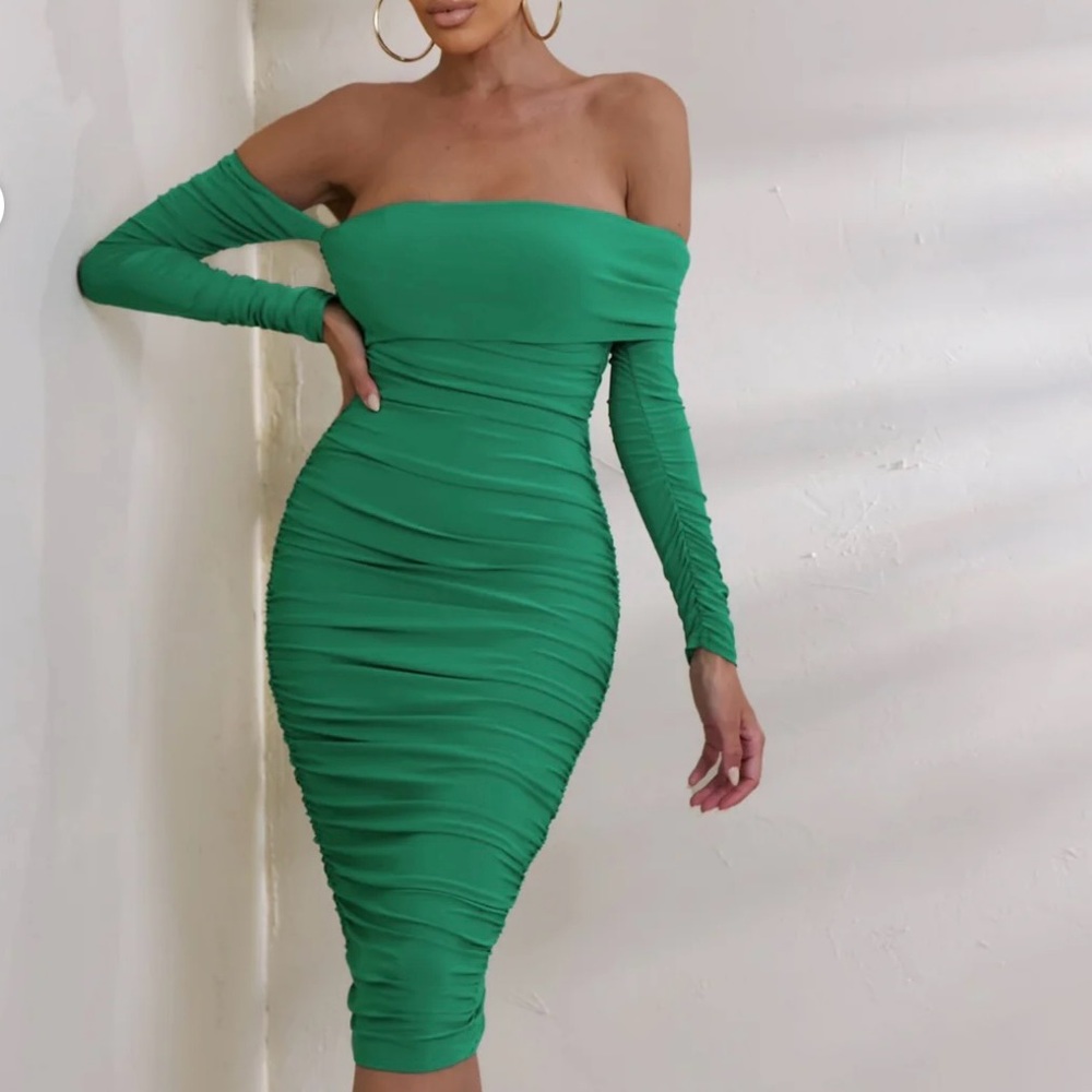Club L London Emerald Green Ruche Midi Dress Size 10
